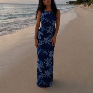 Vintage Jalate Floral Mesh Maxi Dress Blue Sleeveless Sheer Overlay Beach Dress